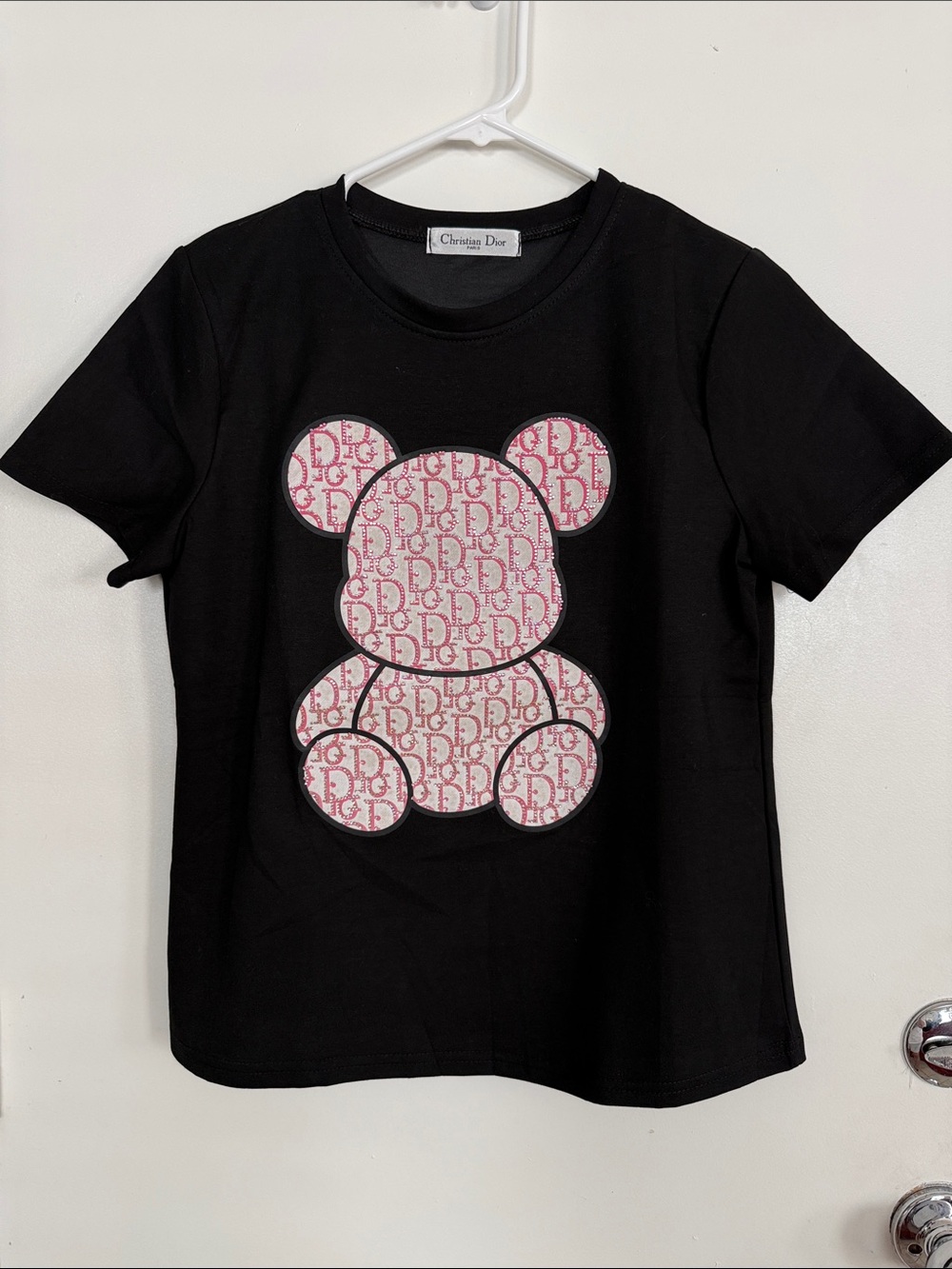 Black Short Sleeve Tee with Pink Monogram Bear